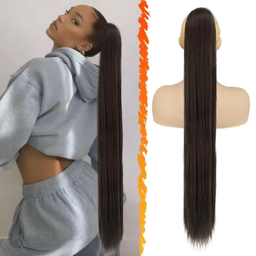 Vista 10 de Barsdar Extensión de cola de caballo marrón oscuro - Extensiones de cola de caballo cortas y rectas de 14 pulgadas con cordón para mujeres