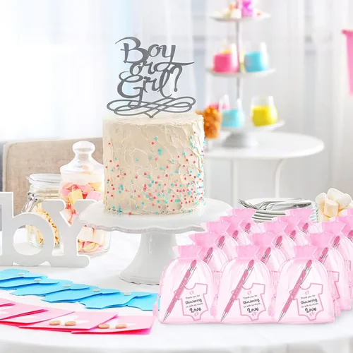 Vista 6 de Colarr Juego de 36 recuerdos de baby shower: bolígrafos rosados con tarjetas y bolsas de organza para invitados regalo y fiesta de revelación