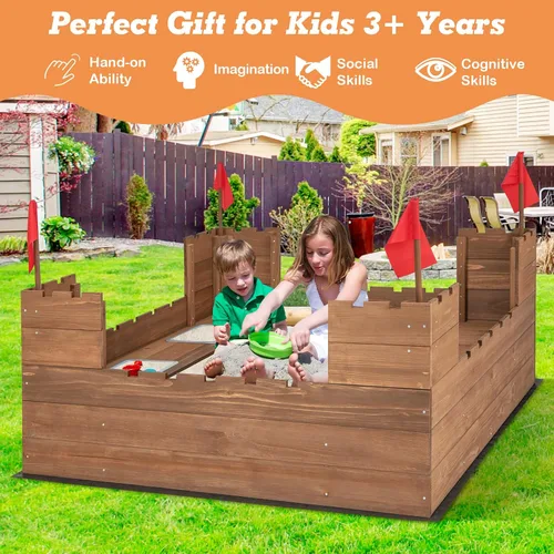Vista 7 de HONEY JOY Caja de arena para niños, pozo de arena sin fondo de cedro para patio trasero, 4 banderas rojas y forro inferior, banco lateral y 2 cajas