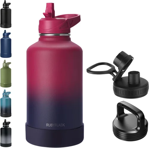 Vista 11 de RUBYFLASK - Botella de agua aislada con pajilla, jarra de agua al vacío de acero inoxidable, 24 onzas, botella con 3 tapas a prueba de fugas