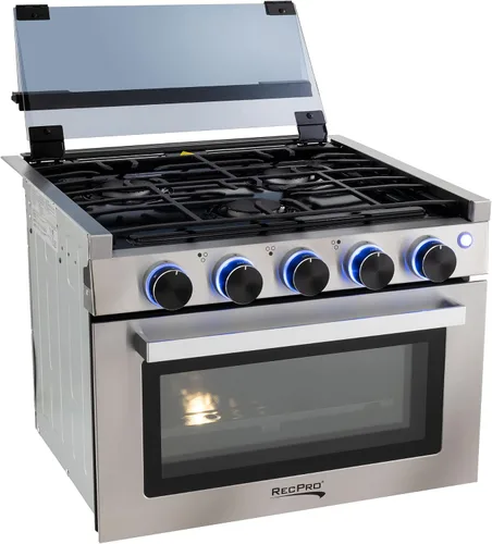 Vista 11 de Estufa RecPro RV Negra Rango de gas de 17" de alto Tres quemadores de 6500 y 8000 BTU Horno de 7100 BTU con capacidad de 1.24 pies cúbicos