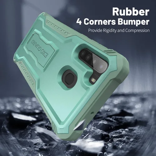 Vista 5 de ExoGuard Funda para Samsung Galaxy A21, funda de goma a prueba de golpes de cuerpo completo, protector de pantalla integrado y soporte compatible