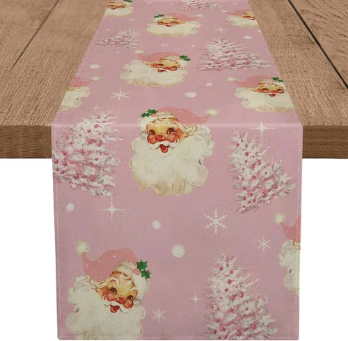 Vista 7 de Camino de mesa de Navidad Papá Noel Árbol de Navidad Copo de nieve rosa, caminos largos para invierno, Navidad, decoración para el hogar, cocina