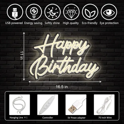 Vista 6 de Happy Birthday Neon Sign Reusable Warm White LED Neon Night Light Birthday Party Decorations USB Operated Decorative for Backdrop Party Bedroom Wall