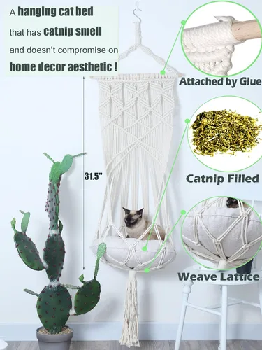 Vista 4 de KARCEEY Hamaca de macramé para gatos, cama colgante de macramé para gatos con cojín de hierba gatera y kit para colgar