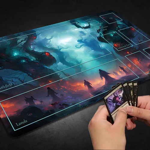 Vista 5 de Tapete de juego MTG cosido de alta calidad con zonas y parte trasera de goma antideslizante, tapete de juego TCG para MTG y otros juegos de cartas