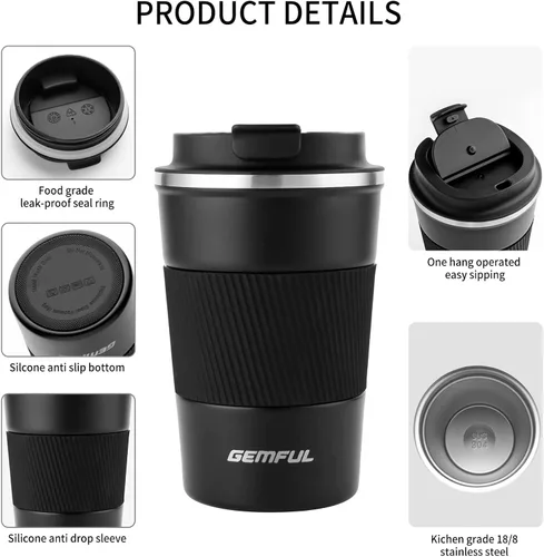 Vista 4 de GEMFUL Taza de viaje de café a prueba de fugas con tapa, 13 onzas, aislada al vacío, de acero inoxidable, vaso de café a prueba de derrames