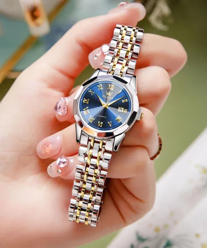 Vista 3 de OLEVS Reloj de pulsera para mujer, elegante, con diamantes, analógico, de cuarzo, de dos tonos, de acero inoxidable, impermeable, luminoso, regalo