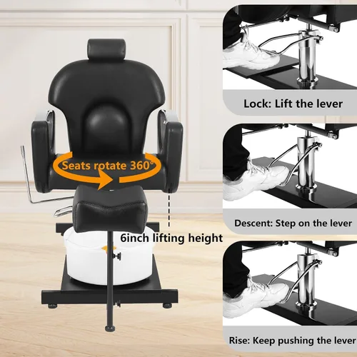 Vista 5 de Silla de pedicura giratoria de 360° con taburete y baño de pies de masaje, estación de pedicura hidráulica de altura ajustable sin plomería