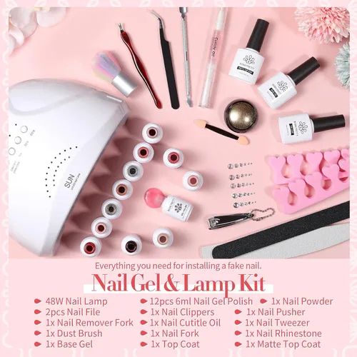 Vista 8 de Born Pretty Kit de 28 esmaltes de uñas de gel de gelatina con lámpara de uñas UV de 48 W, 12 colores, rosa gelatina, nude, neutro, juego de esmalte