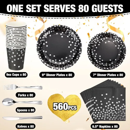 Vista 2 de Sieral 560 piezas de suministros de fiesta negros y plateados para 80 invitados, platos de papel desechables, servilletas, tazas, tenedores