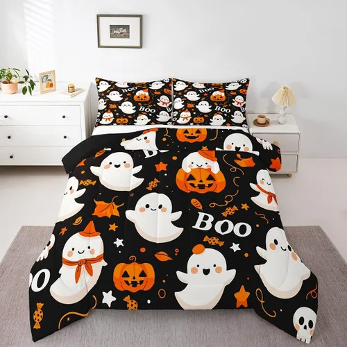 Vista 38 de Feelyou Juego de edredón de Halloween, color rosa fantasma, juego de ropa de cama tamaño individual, decoración para niños y niñas, lindo juego