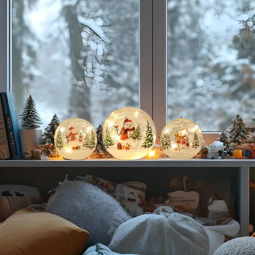 Vista 8 de YEAHOME Decoraciones de Navidad para interiores, juego de 3 bolas de cristal agrietadas de muñeco de nieve con luces LED, decoración del hogar