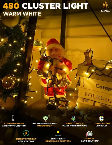 Vista 3 de EcoNour Guirnalda de 480 luces LED parpadeantes de 20 pies para árbol de Navidad, 8 modos de luces para decoración con temporizador y función