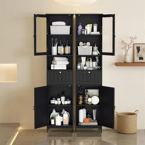 Vista 9 de INTERGREAT Armario de baño de 67 pulgadas de alto, armario de almacenamiento con 2 puertas y 1 cajón, armarios de almacenamiento de baño