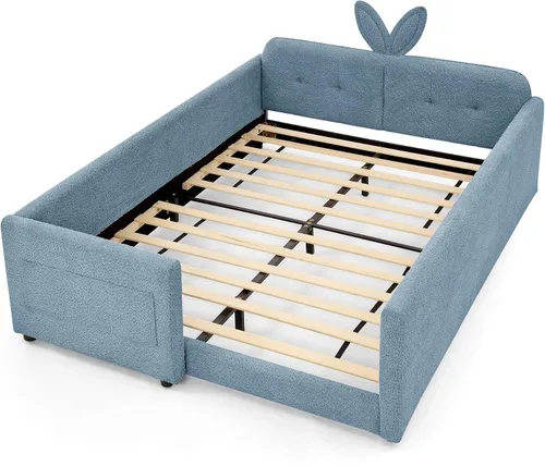 Vista 9 de Cama de suelo tapizada de tamaño matrimonial con valla y bolsillos, cama de Cama de suelo tapizada de tamaño matrimonial con listones y cabecero