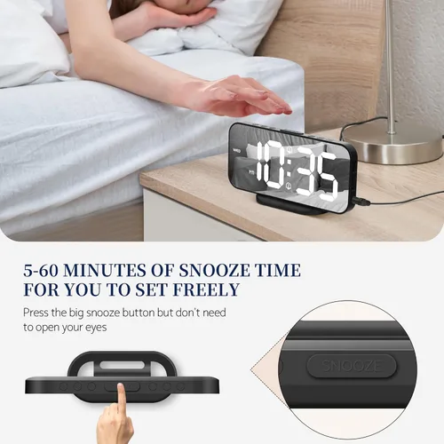Vista 3 de Reloj despertador digital para dormitorio, superficie de espejo LED de 6.7 pulgadas con 2 puertos de carga USB, brillo ajustable, alarma doble