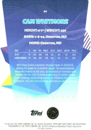 Vista 2 de Topps Finest #34 Cam Whitmore Common Houston NBA Baloncesto Base de Baloncesto 2024-25