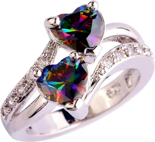 Vista 7 de Anillo de promesa de boda con topacio azul y blanco, chapado en plata de ley 925, con doble corazón