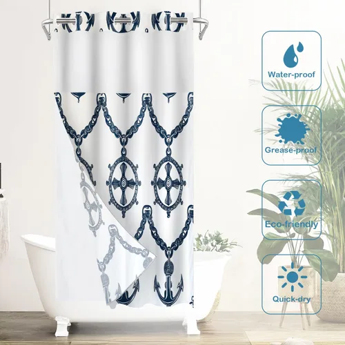 Vista 3 de Batmerry Maritime Nautical Hookless Shower Curtain with Snap in Liner Set, Anchors Ship Wheel Bath Curtain Magnetic Hem Quick-Drying Waterproof