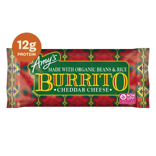 Vista 3 de Amy's Burrito de queso cheddar congelado, hecho con frijoles orgánicos y arroz, 6.0 onzas