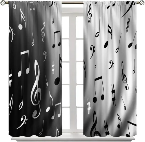 Vista 3 de Cortinas de ventana de música, notas musicales blancas y negras, tratamiento de ventana de patrón abstracto para dormitorio, sala de estar, Music-3