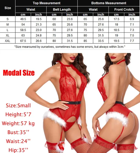 Vista 6 de Avidlove Lencería sexy de Navidad para mujer, body de encaje, con liguero
