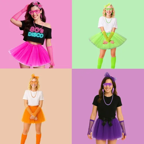Vista 5 de YMO Accesorios de los años 80 para mujer, accesorios de neón de los años 80, juego de disfraz de Halloween para mujer