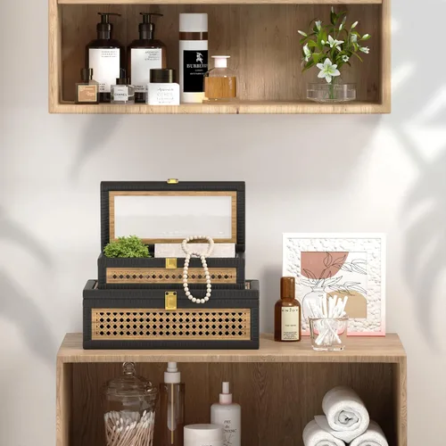 Vista 6 de Caja Decorativa de Ratán, Cajas de Exhibición Boho con Tapas, Juego de 2 Almacenamiento Decorativo Rectangular de Mimbre, Contenedores de Caña
