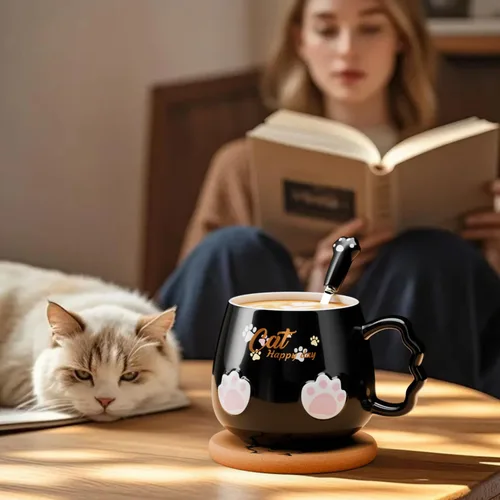 Vista 3 de Bgbg Linda Taza de Gato, Taza de Café Té Leche de Cerámica con Tapa de Gatito Adorable, Cuchara de Garra Kawaii, Alfombrilla de Anime, Cosas