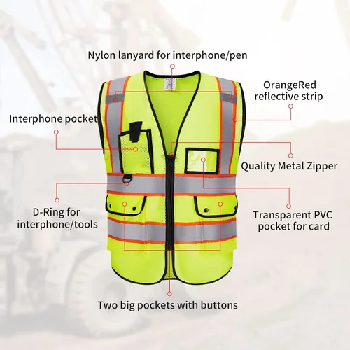 Vista 4 de Chaleco Reflectante Clase 2 de Seguridad ANSI con Bolsillos y Cremallera de Alta Visibilidad Uniforme de Construcción K-amarillo-1pack-personalizado