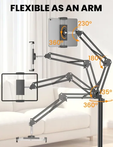 Vista 6 de Soporte de piso para tableta, soporte de metal giratorio de 360 grados, soporte para iPad de altura y ángulo ajustables, soporte universal