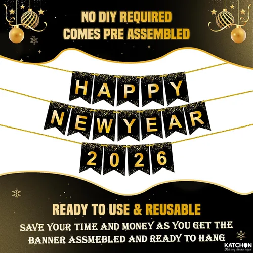 Vista 3 de KatchOn, Pancarta de Feliz Año Nuevo – Grande 10 pies, pre-ensartado Cartel de Año Nuevo para decoraciones de Año Nuevo 2026 Guirnalda de Año