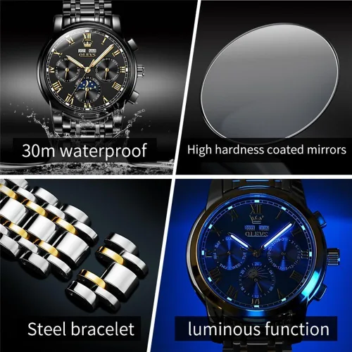 Vista 4 de OLEVS Relojes para hombre automático mecánico de cuerda automática reloj de pulsera multifunción calendario impermeable luminoso