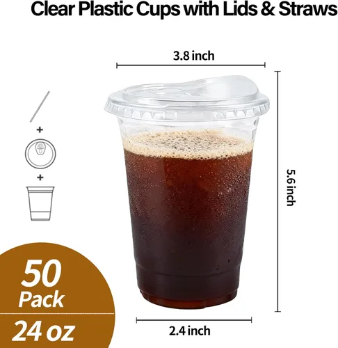 Vista 2 de 50 unidades - Vasos de plástico transparente de 24 oz con tapas, vasos de café helado resistentes y aptos para alimentos con tapas, vasos de batido