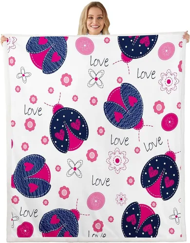 Vista 8 de Manta de forro polar con diseño de mariquita, diseño de mariquita, color rosa degradado con purpurina, para sofá o cama, manta Kawaii de dibujos