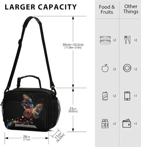 Vista 3 de Aslsiy Bolsa de almuerzo para mujer, diseño de arcoíris, con diseño de mariposa, con diseño de corazones brillantes, con correa ajustable