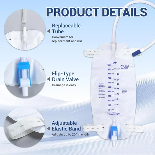 Vista 3 de Paquete de 5 bolsas de 33.8 fl oz para piernas de drenaje urinario con correas ajustables para el hombro y tubo flexible de 17.7 pulgadas con diseño