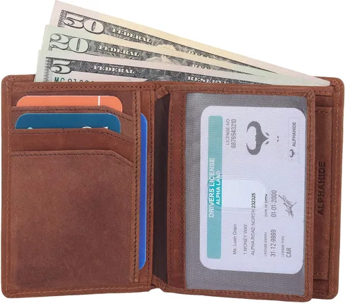 Vista 8 de AlphaHide - Cartera con bloqueo RFID para hombre diseño vertical de doble cara bolsillo para monedas 2 ventanas de identificación