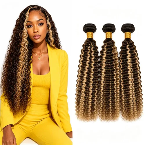 Vista 40 de P4613 Cabello humano rizado onda profunda marrón y paquetes mixtos 8 10 12 P4613 Ombre Marrón-Rubio-DP