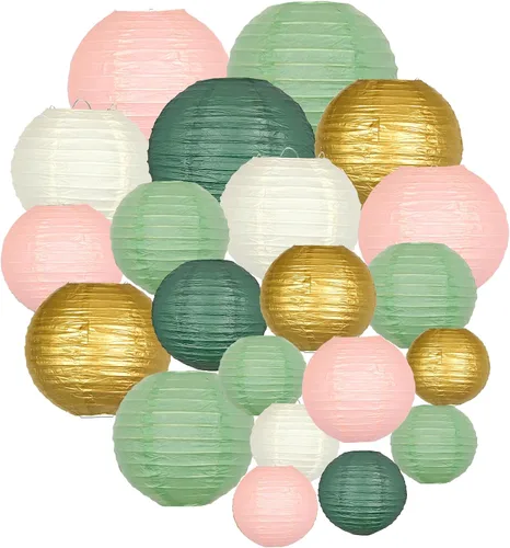Vista 14 de Faroles de papel verde salvia dorados, faroles de papel colgantes redondos para graduación, boda, despedida de soltera, fiesta de cumpleaños