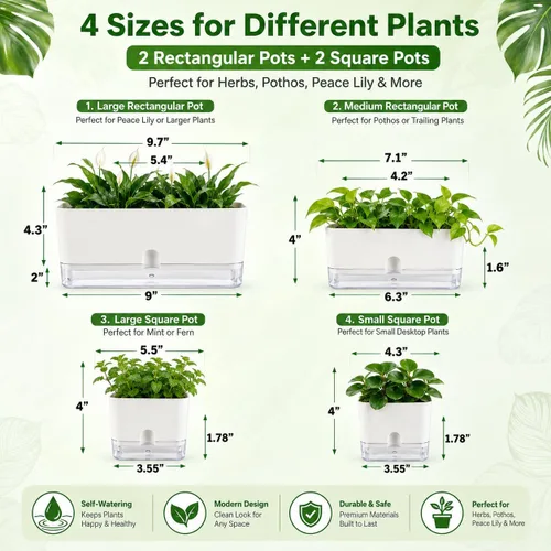 Vista 4 de Planterhoma Macetas de riego automático para plantas de interior de 4.3 pulgadas, 6 paquetes de macetas cuadradas de riego automático con orificio