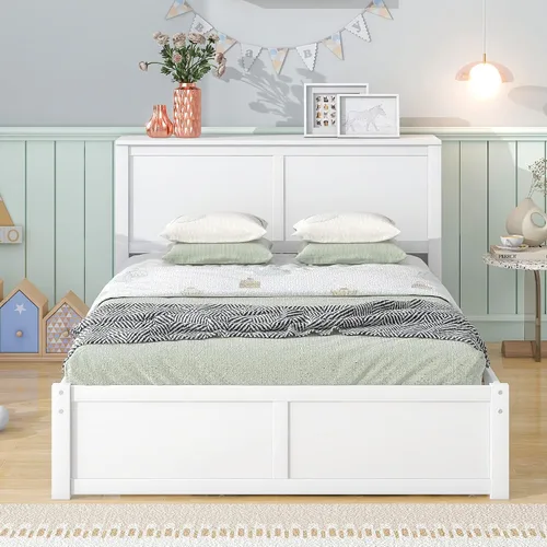 Vista 3 de SOFTSEA Marco de cama de tamaño matrimonial con estantería extraíble en cabecero, cama de almacenamiento de madera, marco de cama de plataforma
