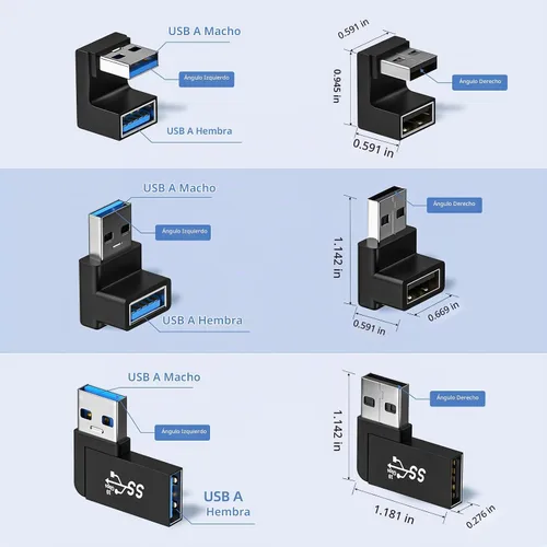 Vista 7 de Paquete de 6 adaptadores USB 3.1 de 180 grados y 90 grados Left&Right Angle USBA Male to Female Extender Connector for PC, Laptop, USB Car