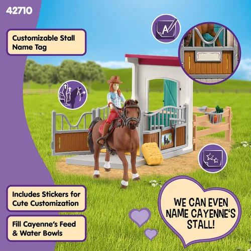 Vista 4 de Schleich Horse Club - Juego de juguetes de caballo de 25 piezas Hannah y Cayenne con caballeriza y accesorios - Etiqueta de nombre de establo