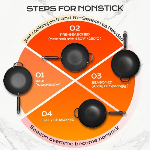 Vista 4 de FGJ Wok, wok de 13 pulgadas de acero al carbono con vaporera y sartenes para saltear sin adherencia, woks chinos pre-curados de 5.8QT de fondo plano