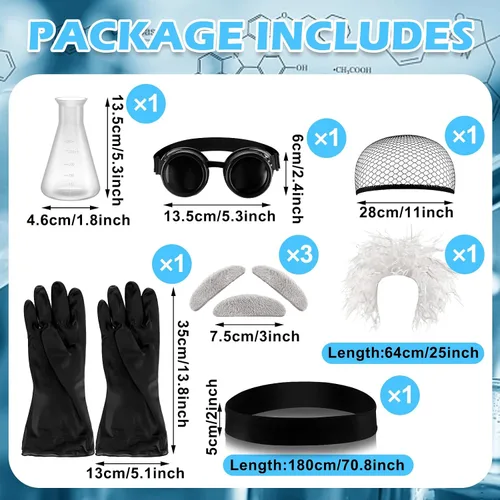 Vista 2 de Jiuguva 9 piezas de disfraz de científico loco de Halloween para hombres adultos, incluyendo abrigo, cinturón, guantes y gafas, peluca, bigote