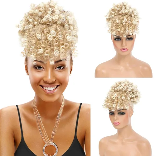 Vista 12 de Cola de caballo con cordón y flequillo, extensiones de cola de caballo afro para mujer, cola de caballo corta y rizada con flequillo con clip para 1b