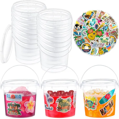 Vista 12 de PerKoop 20 cubos de helado de 32 onzas con tapas y asas, cubos transparentes de ron de cóctel con calcomanías, tina transparente de plástico