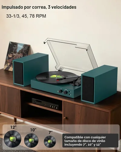 Vista 7 de Reproductor de discos Bluetooth retro con altavoces externos, tocadiscos de 3 velocidades con transmisión por correa, grabación USB a PC, salida AUX